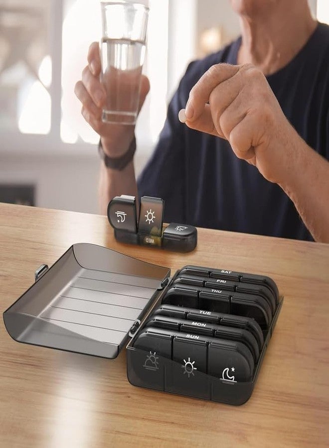 FAYBY علبة حبوب فايبي الأسبوعية، منظم لثلاث مرات في اليوم | علبة تخزين محمولة للأقراص والكبسولات الطبية للسفر (قطعة واحدة، لون أسود) - Image 3